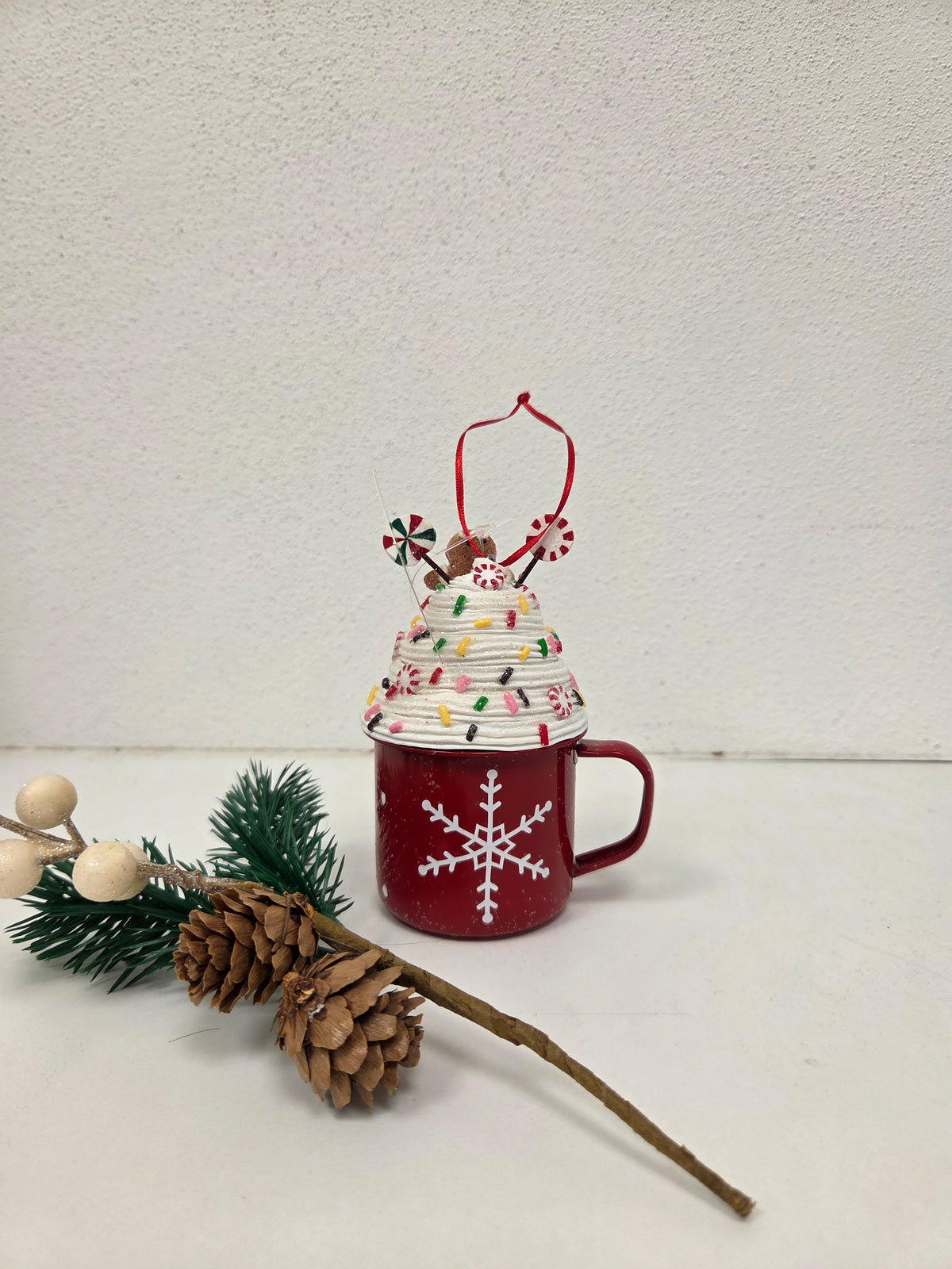 Red Mug and Cream and Gingerman Tree Decoration